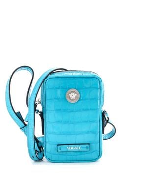 Versace Medusa Biggie Pouch Crossbody Bag Crocodile Embossed Leather Micro - Blue