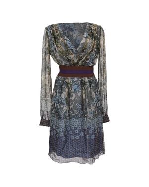Alberta Ferretti Floral-Print V-Neck Midi Dress - Gray