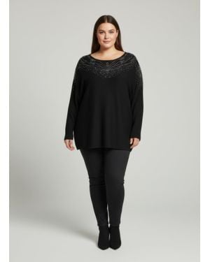 TRUEDAMES Scarlet Embellished Neckline Dolman Sleeve Tunic Top - Black
