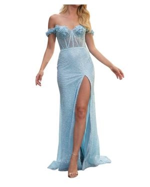 Sherri Hill Sheer Corset Off The Shoulder Dress - Blue