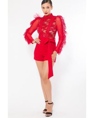 TRUEDAMES Lace And Crochet Top Detailed Fashion Romper - Red