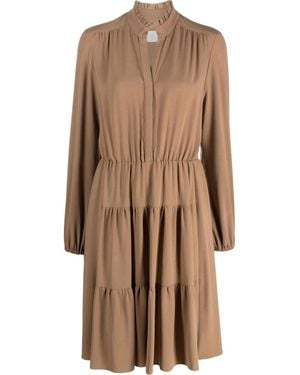 Eleventy Tiered Flounce Midi Dress With Ruffled Neckline - Brown