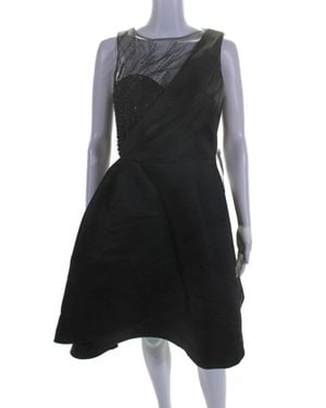 THEIA Beaded Detail Sleeveless Faux Wrap A Line Dress - Black