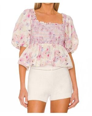 Something Navy Floral Smocked Puff Shoulder Top - White