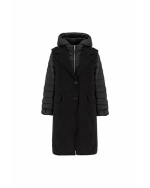 Moorer Lapel Long Coat Hooded Spliced Sleeves Vest - Black