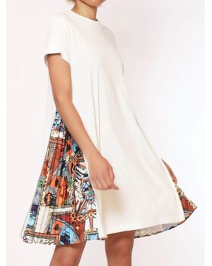 Gracia Short Sleeve Dress With Side Zipper Print Pleats - White
