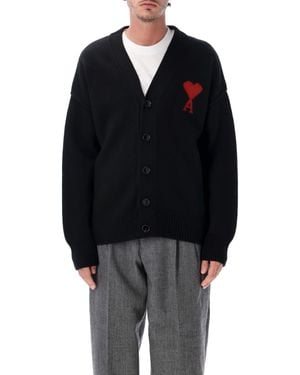 Ami Paris Adc Heart Intarsia V-Neck Wool Cardigan - Black