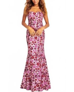Faviana Strapless Sequin Mermaid Dress With Colorful Floral Design - Red