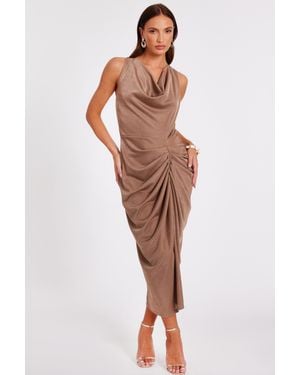 Quiz Disco Cowl Hardware Detail Back Ruched Midi Dress - Brown