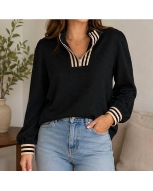 Jodifil Textured Mock Neck Zip Up Tunic Top - Black