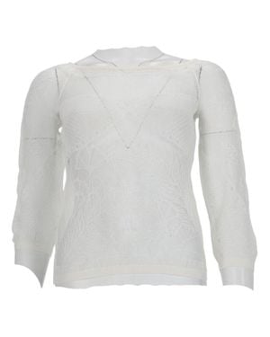 Alberta Ferretti Viscose Net Knit Top With Floral Patterns And Puff Sleeves - White