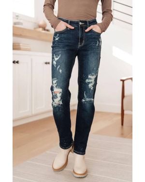 Judy Blue Mid Rise Bleach Splash Distressed Boyfriend Jeans - Blue