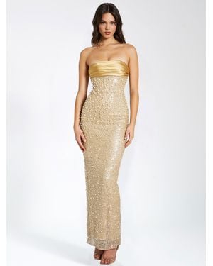 Miss Circle Lainey Satin Sequin Pearls Beaded Maxi Dress - White