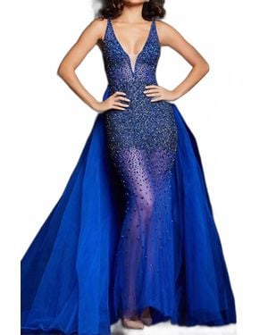Jovani Plunging V-Neck See-Through Prom Gown - Blue