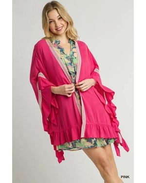 TRUEDAMES Ruffle Trim Kimono With Crochet Accent - Pink