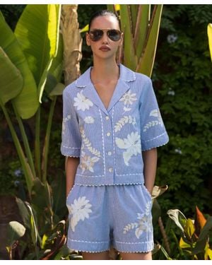 Rose & Rose Tropical Flower Embroidered Bowling Shirt - Green