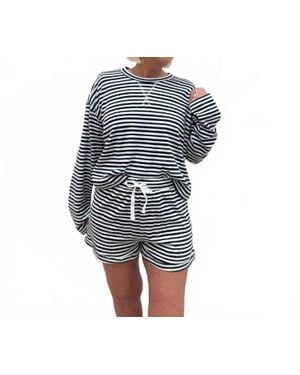 Bobi Striped Cotton Shorty Set - Blue