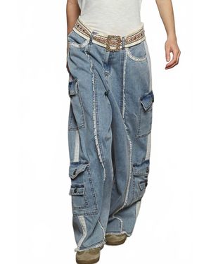 Pol Vintage Wash Fringe Front Jean With Crochet Lace Detail - Blue