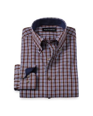 Paul Fredrick Tailored Fit Non-Iron Cotton Plaid Dress Shirt With Contrast Trim - Purple