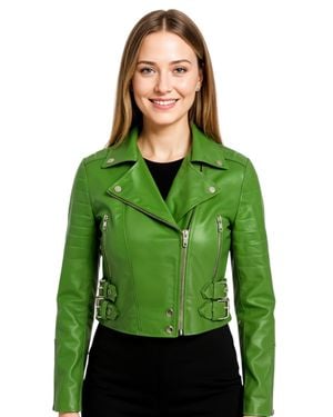Infinity Leather Apple Cropped Brando Leather Biker Jacket-Bellville - Green