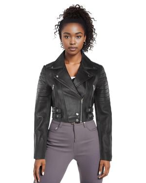 Infinity Leather Apple Cropped Brando Leather Biker Jacket-Bellville - Black