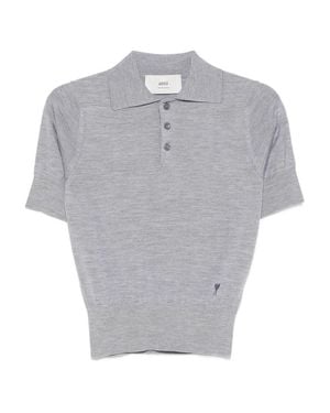 Ami Paris Ami De Coeur Fine-Knit Wool-Silk Polo Shirt - Gray
