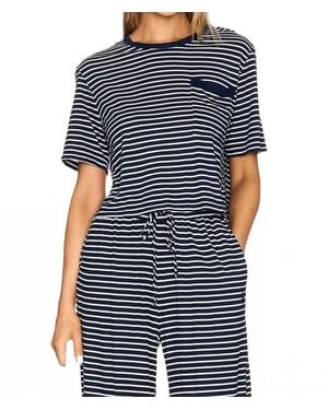 Monrow Stripe Jersey Crop Pocket Tee - Blue