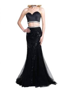 Blush Prom Sequin Satin Lace Two Piece Gown With Beaded Collar - Black