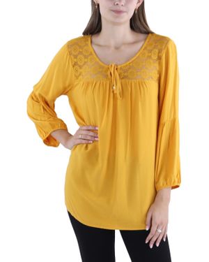 Adrienne Vittadini Lace Trim Pullover Peasant Top - Yellow