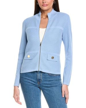 St. John Stretch Micro Pique Knit Collared Zip-Up Jacket - Blue