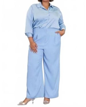 Skies Are Blue Shirred Sleeve Blazer And Wide Leg Pant Suit Set - Blue