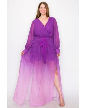 TRUEDAMES Ombre Chiffon Wrap Front Long Sleeve Tie Waist Slit Front Maxi Dress - Purple