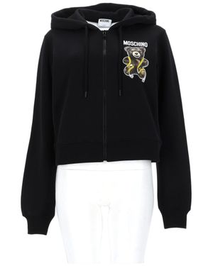 Moschino Teddy Cropped Hoodie Teddy Bear Graphic Cotton Sweatshirt - Black