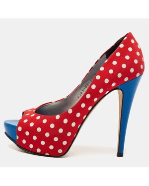 Gina Polka Dot Print Canvas Peep Toe Platform Pumps - Red