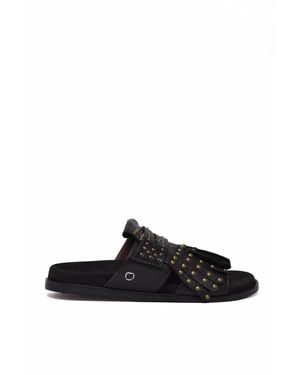 Collection Privée Fringed Minimalist Leather Slide Sandals - Black
