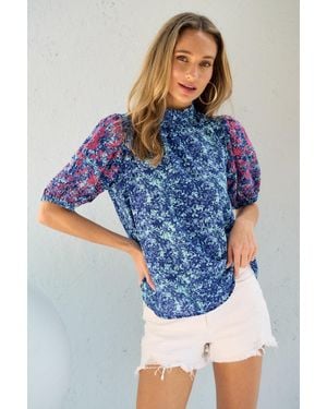 TRUEDAMES Hailey & Co Embroidered Puff Sleeve Printed Blouse - Blue