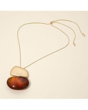 Fashnzfab Bold Abstract Double Stone Pendant Adjustable Sliding Cinch Pull Tie Necklace - Natural