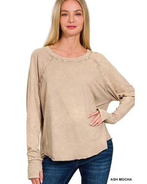 TRUEDAMES Crinkle Washed Thumb Hole Cuffs Long Sleeve Top - Natural