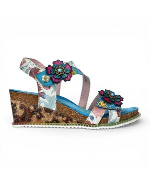Laura Vita Bonito 32 Floral Leather Wedge Espadrille Sandals - Blue