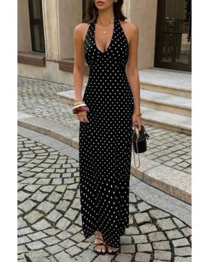 TRUEDAMES Polkadot Halter Bodycon Sleeveless Long Dress - Black