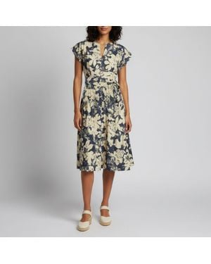 Carolina Herrera Floral Print Linen Blend Flared Midi Dress - Green