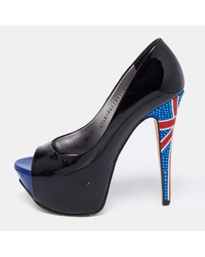 Gina Patent Leather Crystal Embellished Peep Toe Platform Pumps - Blue