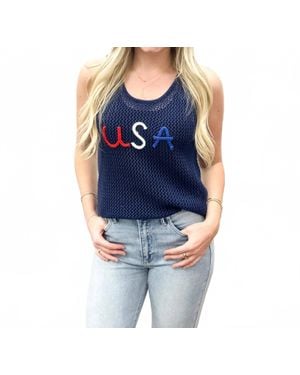 Main Strip Loose Knit Usa Sweater Tank Top - Blue