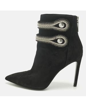 Balmain Suede Crystal Embellished Ankle Length Boots - Black