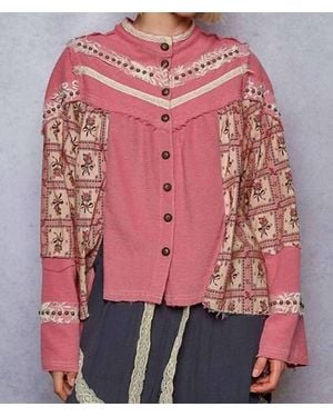 Pol High Neck Printed Contrast Stud Shirt Top - Red