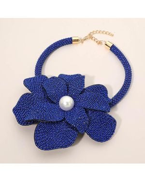 Fashnzfab Pearl Centered Stone Paved Pendant Pointed Necklace - Blue