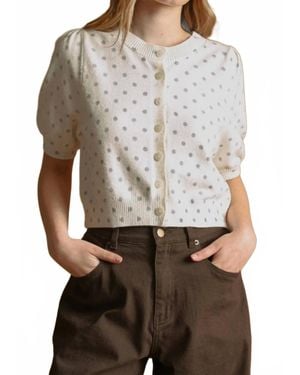 Miou Muse Polka Dot Printed Short Sleeve Button Front Top - Gray