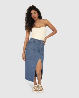 Belle & Bloom Can'T Forget You Denim Midi Skirt - Blue