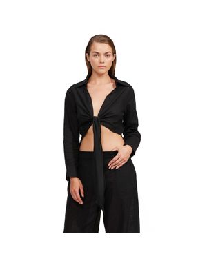 Luma Gottex High Low Collared Front Tie Blouse Cover Up - Black