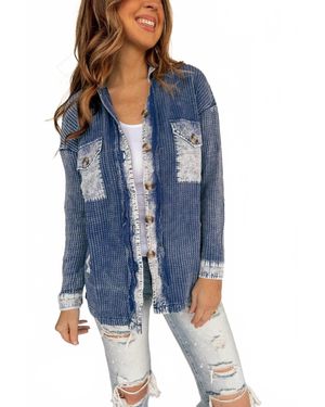 Zenana Vintage Waffle Lightweight Shacket - Blue